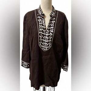 JM Collection Brown White Embroidered Flowers 3/4 Sleeve Linen Tunic Size 16
